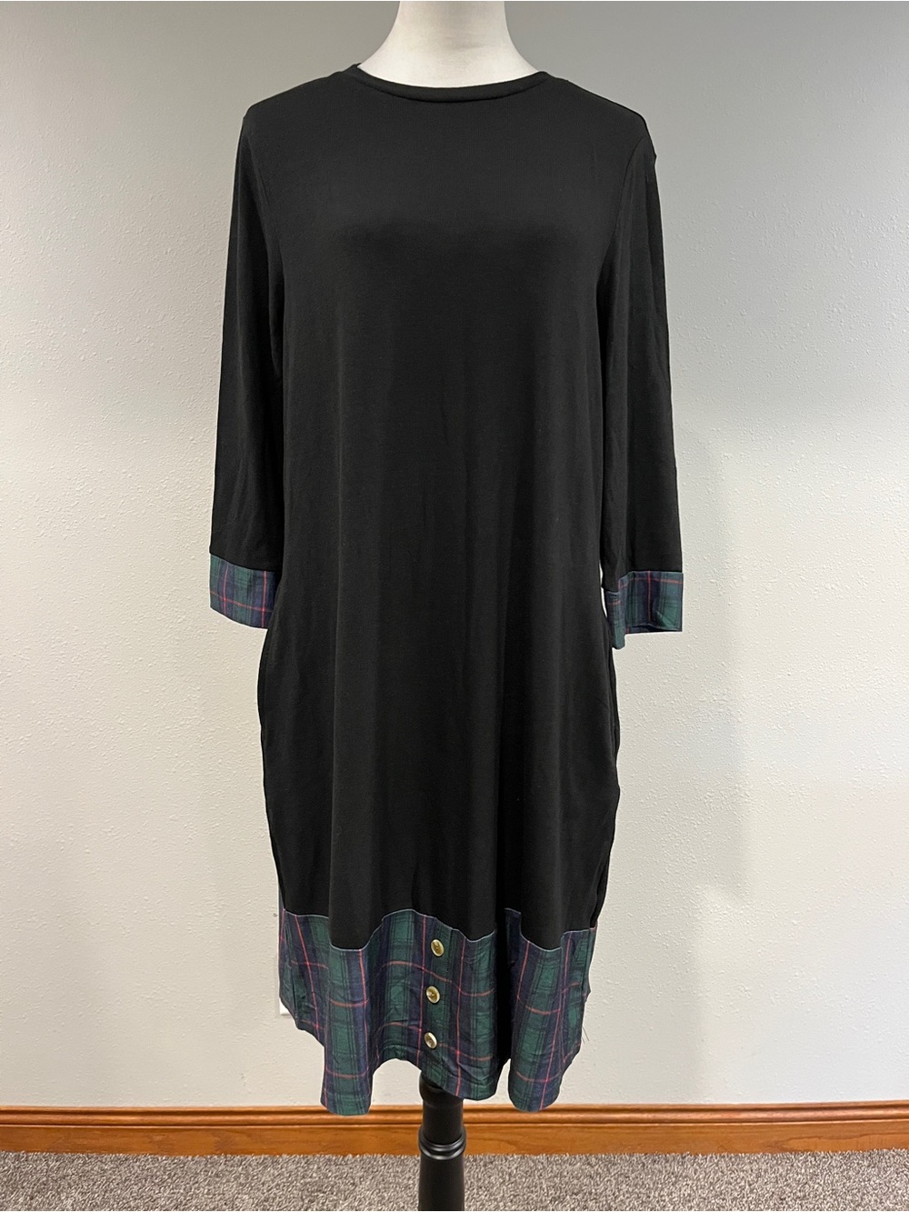 Tickled Teal lightweight Black sweater Dress with Plaid Trim